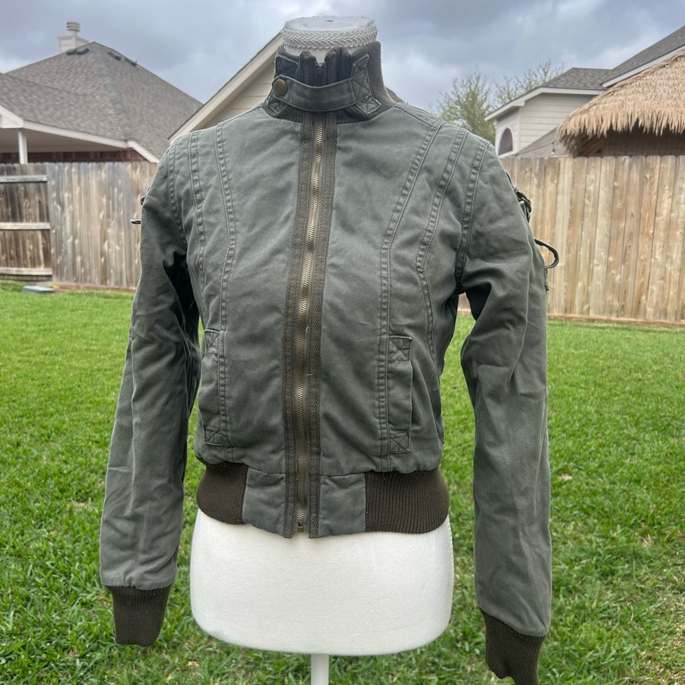 Military Style green bomber Crop jacket with adjustable straps & pockets XS